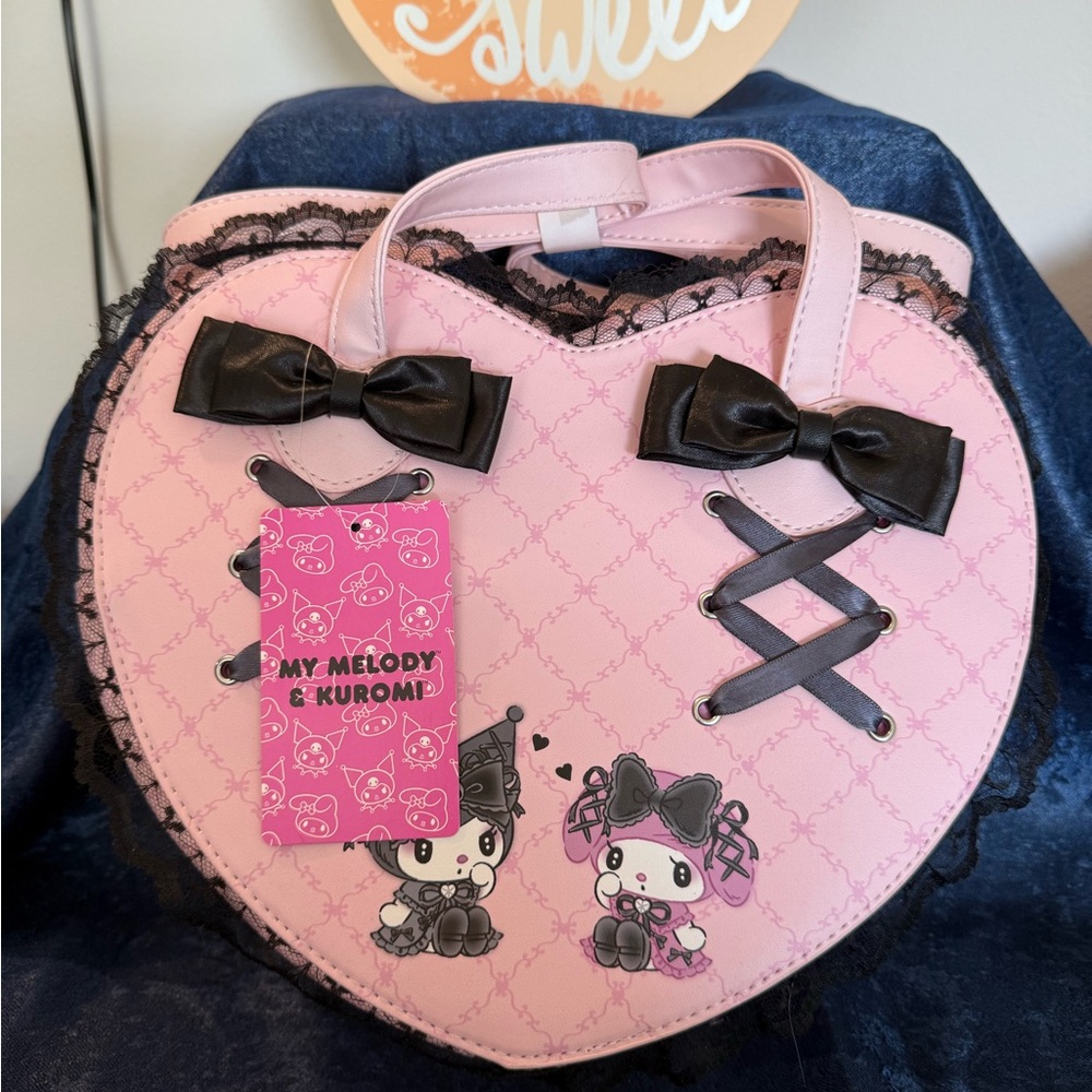 Sanrio Kuromi-My Melody Pink and Black Heart Bag with Corset Lacing - Picture 1 of 7